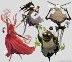  2girls 2others apron arthropod_girl closed_eyes commentary disgraced_chef_lugoli_(hollow_knight) dress dual_wielding english_commentary extra_eyes extra_legs grey_apron highres holding holding_weapon hollow_knight hollow_knight:_silksong insect_wings koumouby multiple_girls multiple_others official_art_inset phantom_(hollow_knight) pin_(hollow_knight) red_dress reference_inset skarrsinger_karmelita_(hollow_knight) spider_girl spinning watermark weapon widow_(hollow_knight) wings 