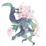  1girl absurdly_long_hair bandaged_arm bandages bare_shoulders barefoot braid braided_ponytail cape chibi chibi_only closed_mouth colored_eyelashes commentary cookie_run cookie_run:_kingdom dot_nose double-parted_bangs dress expressionless film_grain flower full_body green_cape green_dress hair_between_eyes hair_flaps hair_flower hair_ornament highres holding holding_staff invisible_chair long_dress long_hair looking_ahead red_eyes reed simple_background single_braid sitting sleeveless sleeveless_dress solo staff symbol-only_commentary very_long_hair white_background white_eyelashes white_flower white_hair white_lily white_lily_cookie white_petals 