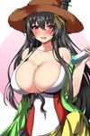  :d alternate_costume ar_(lover_boy) bangs bare_shoulders black_hair black_ribbon blush breasts brown_hat casual_one-piece_swimsuit cleavage collarbone covered_navel eyebrows_visible_through_hair fusou_(kantai_collection) green_jacket hair_between_eyes hair_ornament hairpin hat hat_ornament highres holding huge_breasts jacket kantai_collection lips looking_at_viewer lotion_bottle off_shoulder one-piece_swimsuit open_clothes open_jacket open_mouth pink_background red_eyes ribbon shiny shiny_skin smile straw_hat swimsuit two-tone_background upper_body 