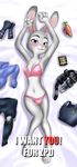 2016 alternate_version_available anthro blush bra clothed clothing disney english_text female fur grey_fur judy_hopps lagomorph looking_at_viewer lying mammal navel on_back orca_(artist) panties pink_nose police_badge purple_eyes rabbit smile solo text underwear zootopia 