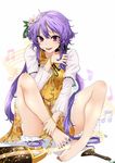  bad_id bad_pixiv_id bare_shoulders barefoot breasts chain feet fingernails flower hair_flower hair_ornament hairband hand_on_own_foot highres instrument long_fingernails long_hair long_toenails looking_at_viewer lute_(instrument) medium_breasts messy_hair nail_polish open_mouth purple_eyes purple_hair rihito_(usazukin) smile solo sweatdrop toenail_polish toenails toes touhou tsukumo_benben twintails 