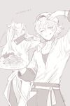  alternate_costume arm_up bracelet feather_(granblue_fantasy) granblue_fantasy grey_background grin gucha_(netsu) hat high_ponytail jewelry long_hair looking_at_viewer male_focus monochrome multiple_boys open_collar plate randall_(granblue_fantasy) short_hair simple_background smile 