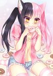  :3 absurdres animal_ears bangs black_hair blush cat_ears chipsy_kura_chan commentary doughnut eating eyebrows_visible_through_hair eyes_visible_through_hair food highres long_hair multicolored_hair original pink_hair pink_shirt polka_dot polka_dot_shirt shirt short_shorts shorts solo striped striped_legwear thighhighs twintails two-tone_hair yellow_eyes 