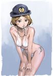  bikini breasts brown_hair commentary_request female_service_cap green_eyes hands_on_own_thighs hat inamitsu_shinji leaning_forward looking_at_viewer medium_breasts mouth_hold original police police_hat police_uniform policewoman short_hair side-tie_bikini solo swimsuit uniform whistle white_bikini 