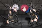  2girls artist_request bondage boots bound_arms chains clair_lasbard clenched_teeth crying dress elbow_gloves gauntlets gloves green_eyes helpless kneeling long_hair multiple_girls nel_zelpher one_eye_closed open_mouth red_hair restrained ryona scarf short_hair silver_hair star_ocean star_ocean_till_the_end_of_time tears thigh_boots thighhighs whip_marks wince 