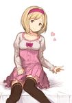  black_legwear blonde_hair breasts brown_eyes closed_mouth collarbone commentary_request djeeta_(granblue_fantasy) dress fighter_(granblue_fantasy) granblue_fantasy hair_intakes hairband hanarito heart long_sleeves pink_dress pink_hairband puffy_long_sleeves puffy_sleeves short_hair simple_background sitting small_breasts smile solo thighhighs v white_background zettai_ryouiki 