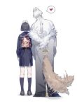  1boy 1girl anchun_(quail0503) black_hair black_serafuku bleeding blood branded claws fox_hinako fox_mask_(silent_hill) grey_fur highres mask mismatched_arms monster_arm ponytail sailor_collar scarf school_uniform serafuku shimizu_hinako silent_hill_(series) silent_hill_f simple_background spoilers tail tail_wagging torn_clothes white_hair 