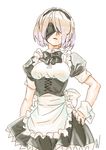 bad_id bad_twitter_id blindfold bob_cut bow breasts cowboy_shot cwind hand_on_hip headband highres maid medium_breasts mole mole_under_mouth nier_(series) nier_automata parted_lips puffy_short_sleeves puffy_sleeves short_hair short_sleeves simple_background solo white_background white_hair wrist_cuffs yorha_no._2_type_b 