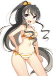  :d alternate_hairstyle artist_name bad_id bad_pixiv_id bikini bikini_bottom bikini_top black_hair blue_eyes blush breasts commentary_request cowboy_shot eyebrows_visible_through_hair fang hair_ornament hair_ribbon hand_on_hip kankitsunabe_(citrus) kantai_collection large_breasts legs_apart long_hair looking_at_viewer looking_to_the_side medium_breasts multicolored_hair naganami_(kantai_collection) navel open_mouth pink_hair ponytail ribbon simple_background smile solo standing striped striped_bikini swimsuit twitter_username very_long_hair white_background 
