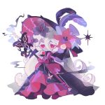  1girl absurdly_long_hair black_flower black_hat black_overskirt bright_pupils candle chibi chibi_only closed_mouth colored_eyelashes colored_skin commentary cookie_run cookie_run:_kingdom curly_hair dot_mouth dot_nose double-parted_bangs dress elbow_gloves film_grain flower frilled_dress frills full_body gloves grey_skin grey_veil hair_between_eyes hair_flower hair_ornament hat hat_feather highres holding holding_staff long_dress long_hair long_hair_between_eyes looking_at_viewer red_dress red_eyes red_flower red_gloves red_rose reed rose see-through_clothes see-through_veil simple_background slit_pupils solo sparkle staff standing symbol-only_commentary veil very_long_hair white_background white_eyelashes white_hair white_lily_cookie white_pupils 