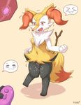  2016 amber_eyes anthro black_fur braixen breasts canine dialogue female fox foxteru fur internal mammal navel nintendo nipples nude open_mouth orange_nose pok&eacute;mon pussy pussy_juice sex_toy signature simple_background solo standing stick unseen_character vibrator video_games white_fur wood yellow_background yellow_fur 