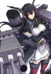  black_hair bodysuit boushi-ya breasts crossed_arms from_above hair_between_eyes headgear jacket kantai_collection large_breasts long_hair looking_at_viewer midriff nagato_(kantai_collection) pleated_skirt red_legwear remodel_(kantai_collection) rigging simple_background skirt smile smokestack solo thighhighs turret white_background white_skirt yellow_eyes 