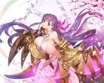  bare_shoulders branch breasts cherry_blossoms claws cleavage fate/extra fate/extra_ccc fate_(series) hair_ribbon huge_breasts leaning_forward lips long_hair looking_at_viewer o-ring o-ring_top open_mouth oversized_object passion_lip purple_eyes purple_hair ribbon ripples shiny shiny_skin sideboob skindentation solo teddy_(khanshin) thighhighs thighs very_long_hair white_legwear 