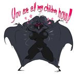  &lt;3 alien big_breasts black_body black_fur black_hair breasts cryptid dialogue english_text fur glowing glowing_eyes hair happy humanoid mothman nipples nude open_mouth pink_eyes presenting_self pubes simple_background slb smile solo text white_background 