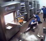  1girl 3boys ai-generated_art_(topic) ai-generated_background black_eyes blonde_hair broken_plate clutching_head domino's_pizza_ai_images_(meme) employee_uniform flour food hashtag-only_commentary hat highres hololive hololive_english indoors kitchen meme multiple_boys on_food oven phdpigeon pizza plate pumpkin_costume scared short_hair smile smol_ame solid_circle_eyes solo tall_hat tile_floor tiles virtual_youtuber watson_amelia witch_hat 