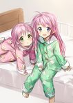  all_fours asakura_maina asakura_yuuna barefoot bed blue_eyes green_eyes hajimete_no_oisha-san knees_together_feet_apart long_hair multiple_girls open_mouth pajamas pants pink_hair shirt short_hair siblings sisters sitting sketch smile twins 