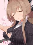  1girl after_paizuri amagi_brilliant_park antenna_hair bow breasts brown_hair business_suit button_gap cleavage closed_eyes cum cum_on_body cum_on_breasts cum_on_upper_body cum_string formal hair_bow hetero kaisen_chuui large_breasts long_hair long_sleeves open_mouth ponytail sento_isuzu sleep_molestation sleeping solo_focus suit 