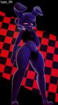 3d_(artwork) anthro black_clothing black_eyeshadow black_panties black_shirt black_topwear black_underwear bonfie_(cryptiacurves) bonnie_(fnaf) buckteeth bulge checkered checkered_background clothing colored_nails crop_top cutout digital_media_(artwork) eyeshadow featureless_feet feet femboy finger_to_mouth five_nights_at_freddy&#039;s full-length_portrait glowing glowing_eyes hair hi_res lagomorph leporid looking_at_viewer low-angle_view makeup male mammal nails open_mouth open_smile panties pattern_background pink_eyes portrait purple_body purple_hair rabbit red_background red_nails scottgames shirt short_hair simple_background smile smiling_at_viewer solo teeth topwear type_09 underwear watermark