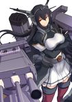  black_hair bodysuit boushi-ya breasts crossed_arms from_above hair_between_eyes headgear highres jacket kantai_collection large_breasts long_hair looking_at_viewer midriff miniskirt nagato_(kantai_collection) pleated_skirt red_legwear remodel_(kantai_collection) rigging simple_background skirt smile smokestack solo thighhighs turret white_background white_skirt yellow_eyes 