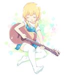  acoustic_guitar ayakashi_(monkeypanch) blonde_hair closed_eyes commentary_request full_body guitar highres instrument moriya_suwako music no_hat no_headwear playing_instrument short_sleeves solo thighhighs touhou white_legwear 