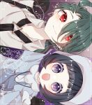  2girls :d ahoge black_gloves black_hair black_necktie blue_shirt bright_pupils collared_shirt earrings gloves green_hair grey_bonnet highres jewelry long_hair looking_at_viewer multiple_girls necktie open_mouth pokemon pokemon_sv ponytail poppy_(pokemon) purple_background purple_eyes red_eyes rika_(pokemon) shirt short_hair sideways simple_background smile to_camellia upper_body white_pupils white_shirt 