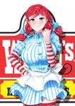  blue_eyes bow braid breasts dress freckles hair_bow keikyu_(tiltedcube) large_breasts looking_at_viewer pinstripe_pattern red_hair smile solo striped striped_dress striped_legwear thighhighs twin_braids wendy's wendy_(wendy's) 