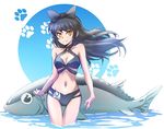  abs bikini black_hair blake_belladonna bow breasts cleavage commentary covered_nipples floating_hair hair_bow iesupa inflatable_toy long_hair medium_breasts navel paw_print rwby solo swimsuit tuna wading water yellow_eyes 