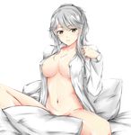  absurdres areola_slip areolae breasts brown_eyes covered_nipples highres infection kisaragi_chika large_breasts looking_at_viewer open_clothes open_shirt parted_lips pillow rei_kun shirt sidelocks silver_hair solo 
