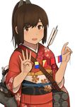  arrow bangs blush brown_eyes brown_hair character_name commentary_request eyebrows_visible_through_hair floral_print fuyube_gin_(huyube) hair_ornament highres holding i-401_(kantai_collection) japanese_clothes japanese_flag kantai_collection kimono looking_at_viewer machinery obi official_style open_mouth ponytail sash shibafu_(glock23)_(style) short_hair sidelocks signal_flag smile solo upper_body 