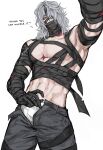  1boy abs antenna_hair arm_up bandage_over_one_eye bandaged_arm bandaged_chest bandaged_hand bandaged_head bandaged_leg bandaged_neck bandages bandages_over_clothes bandages_over_mouth black_bandages black_pants collarbone commentary covered_mouth cowboy_shot english_commentary english_text genshin_impact grey_hair hair_between_eyes highres lanauwuuuu looking_at_viewer looking_down male_focus male_pubic_hair male_underwear medium_hair navel one_eye_covered open_fly pants parted_bangs pectorals pubic_hair purple_eyes rerir_(genshin_impact) simple_background solo standing stomach underwear white_background white_male_underwear 