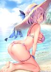  :d arched_back artist_name ass bare_arms bare_back bare_legs bare_shoulders barefoot beach bikini blue_bow blue_sky bow breasts brown_hat butt_crack day fate/grand_order fate_(series) flower from_side hair_over_one_eye hat hat_bow hat_flower highres kneeling large_breasts leaning_forward looking_at_viewer looking_to_the_side mash_kyrielight obiwan ocean open_mouth outdoors palm_tree pink_bikini pink_eyes pink_hair sand shiny shiny_skin short_hair sideboob skindentation sky smile soles solo straw_hat summer sun_hat swimsuit thigh_strap tree water 