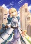  1girl ahoge andychen662000 armor armored_dress armored_gloves artoria_pendragon_(fate) blonde_hair blue_bow blue_sky bow braid braided_bun bun_with_braided_base cloud dress excalibur_(fate/stay_night) fate/stay_night fate_(series) gauntlets glastonbury_abbey green_eyes hair_bow hair_bun highres holding holding_sword holding_weapon outdoors real_world_location saber_(fate) sidelocks sky solo sword weapon 
