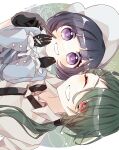  2girls black_gloves black_hair black_necktie blue_shirt bright_pupils collared_shirt gloves green_hair grey_bonnet highres long_hair looking_at_viewer multiple_girls necktie one_eye_closed pokemon pokemon_sv ponytail poppy_(pokemon) purple_eyes red_eyes rika_(pokemon) shirt short_hair sideways simple_background smile to_camellia upper_body white_background white_pupils white_shirt 