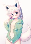  animal_ears bad_id bad_pixiv_id breasts candy collarbone cowboy_shot fang food fox_ears fox_girl fox_tail glasses gradient gradient_background hand_in_pocket hood hoodie lollipop long_sleeves looking_at_viewer misaki_yuu naked_hoodie navel original pink-framed_eyewear small_breasts solo standing tail unzipped white_hair yellow_eyes 