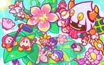  backwards_hat bangs baseball_cap bean_stalk beanie blue_sky blunt_bangs blush boom_microphone bow bowtie closed_eyes cloud commentary_request cravat fangs floating flower from_above hat kirby kirby:_triple_deluxe kirby_(series) microphone no_humans official_art people_of_the_sky sky smile taranza video_camera waddle_dee watering_can 