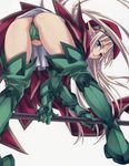  alleyne_(queen's_blade) ass bent_over beret blue_eyes boots braid cape elbow_gloves elf from_behind gloves green_footwear green_gloves hat holding holding_weapon leaf_panties leaf_print long_hair looking_at_viewer looking_back matsuryuu panties pointy_ears print_panties queen's_blade red_cape side_braid silver_hair solo thigh_boots thighhighs underwear very_long_hair weapon 