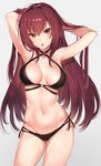  :o armpits arms_up bangs bikini black_bikini breasts cleavage commentary criss-cross_halter eyebrows_visible_through_hair fate/grand_order fate_(series) hair_between_eyes halterneck hands_in_hair heart_pendant highres hips long_hair looking_at_viewer medium_breasts multi-strapped_bikini navel open_mouth purple_hair red_eyes scathach_(fate)_(all) scathach_(fate/grand_order) simple_background solo swimsuit thighs yuran 