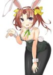  alternate_costume animal_ears bad_id bad_pixiv_id bare_shoulders black_legwear blush breasts brown_hair bunny_ears bunny_girl bunny_tail bunnysuit cleavage commentary_request eyebrows_visible_through_hair fake_animal_ears fake_tail hair_ornament hair_ribbon hairband hand_on_leg heart kagerou_(kantai_collection) kankitsunabe_(citrus) kantai_collection large_breasts leaning leaning_forward legs_together long_hair looking_at_viewer open_mouth pantyhose ribbon simple_background smile solo standing tail twintails twitter_username white_background wrist_cuffs 
