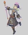 1girl ankle_boots artist_request asgard belt black_mouth blue_sky boots braid braided_ponytail breasts brown_belt brown_boots cape chain chained cleric_(asgard) clerical_collar coat cross cross-laced_clothes fantasy feathers fingernails frilled_sleeves frills full_body grey_background grey_cape grey_coat grey_sleeves hair_tie hat hat_feather highres holding holding_wand impasto latin_cross legs_apart long_sleeves medium_breasts medium_skirt nexon official_art open_hand open_mouth pleated_skirt ponytail purple_eyes purple_feathers purple_hat second-party_source short_hair sidelighting silver_chain simple_background skirt sky sleeves_past_wrists solo standing standing_on_one_leg studded_belt tassel teeth tongue upper_teeth_only waist_cape wand 