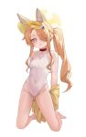  1girl absurdres animal_ear_fluff animal_ears blonde_hair blue_archive breasts clothing_cutout covered_navel cross_halo diamond_cutout fox_ears fox_girl full_body halo highleg highleg_one-piece_swimsuit highres jacket jacket_partially_removed long_hair manjie official_alternate_costume official_alternate_hairstyle one-piece_swimsuit orange_eyes seia_(blue_archive) seia_(swimsuit)_(blue_archive) side_ponytail simple_background small_breasts solo swimsuit visor_cap white_background white_one-piece_swimsuit yellow_halo yellow_jacket yellow_visor 