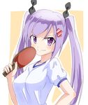  bow commentary commentary_request directional_arrow_hair_ornament hair_bow hair_ornament hairpin hand_on_hip holding kamiya_agari long_hair paddle purple_eyes purple_hair shakunetsu_no_takkyuu_musume shirt smug sportswear t-shirt table_tennis_paddle trg-_(sain) twintails upper_body 