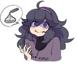  agawa_ryou ahoge al_bhed_eyes black_hair blue_eyes blush chocolate commentary cropped_torso eating food food_on_face hairband hershey's_kisses hex_maniac_(pokemon) long_hair messy_hair npc_trainer pokemon pokemon_(game) pokemon_xy purple_hairband simple_background smile solo spoken_food translated turtleneck upper_body white_background 