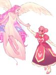  2girls absurdres angel angel_wings colored_skin cookie_run cookie_run:_kingdom double_bun dress eternal_sugar_cookie food-themed_hair hair_bun highres hollyberry_cookie humanization long_hair looking_at_another looking_at_viewer multiple_girls pink_eyes pink_hair pink_skin puffy_sleeves smile user_eecr5457 very_long_hair white_dress white_eyeshadow wings 