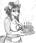  anthro big_breasts black_and_white breasts buckteeth cake cleavage clothed clothing drugs ear_piercing eyelashes female food half-closed_eyes hladilnik mammal marijuana monochrome party_aht piercing rodent slightly_chubby smile smoke solo squirrel teeth 