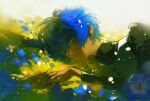  2boys absurdres black_shirt blue_eyes blue_flower blue_hair blurry dark-skinned_male dark_skin day depth_of_field flower grass hair_between_eyes heterochromia highres holding_hands long_sleeves looking_at_another lying male_focus metaphor:_refantazio multiple_boys on_grass on_side out_of_frame outdoors parted_lips protagonist_(metaphor:_refantazio) shirt short_hair solo_focus the_prince_(metaphor:_refantazio) themoonrabbit turtleneck turtleneck_shirt vest white_shirt white_vest yellow_eyes yellow_pupils 