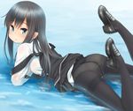  asashio_(kantai_collection) ass black_hair black_legwear blue_eyes commentary crotch_seam dress highres kantai_collection loafers long_hair looking_at_viewer lying on_stomach panties panties_under_pantyhose pantyhose partially_submerged pinafore_dress remodel_(kantai_collection) retsumaru school_uniform shoes solo the_pose thighband_pantyhose underwear 