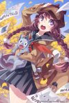  1girl :o animal archived_source artist_name autumn_leaves bag bell bf._(sogogiching) black_eyes black_sailor_collar black_serafuku black_shirt black_skirt blue_sky blush braid brown_bag brown_coat brown_hat brown_sleeves buttons cat coat collared_shirt commentary_request company_name copyright_notice cowbell day deerstalker dot_nose duffel_coat dutch_angle english_text fangs ginkgo_leaf grey_cat grey_fur grey_tail hair_bobbles hair_ornament hat holding holding_animal holding_cat korean_commentary leaf lens_flare long_hair long_sleeves looking_up loose_hair_strand low-braided_long_hair low-tied_long_hair low_twin_braids low_twintails mandrake_girls_2 messenger_bag miniskirt neckerchief official_art open_mouth photoshop_(medium) pleated_skirt purple_eyes purple_pupils red_neckerchief sailor_collar school_uniform serafuku shirt shoulder_bag single_tear skirt sky teeth tongue twin_braids twintails upper_teeth_only wanted_poster yellow_leaves 