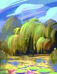  blue_sky cloud commentary english_commentary flower gillianthreeg highres lake landscape making-of_available no_humans original reflection sky tree water_lily_flower weeping_willow 