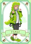  1boy absurdres black_pants blonde_hair blue_eyes dinosaur_costume dinosaur_hood dinosaur_tail fake_tail green_hood green_jacket green_shoes hair_between_eyes highres hirayama_kanna hood hood_up hooded_jacket hoshino_aquamarine jacket male_focus open_mouth oshi_no_ko pants shirt shoes short_hair sneakers solo star-shaped_pupils star_(symbol) symbol-shaped_pupils tail white_shirt 