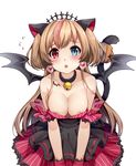  3.14 :o animal_ears areola_slip areolae bangs bare_shoulders bat_wings bell bell_collar blue_eyes blush breasts brown_hair cat_ears cat_tail cleavage collar collarbone commentary demon_wings downblouse dress earrings flying_sweatdrops girls_frontline heart heart_earrings heterochromia highres jewelry jingle_bell long_hair looking_at_viewer medium_breasts mk_23_(girls_frontline) multicolored_hair pink_hair red_eyes simple_background solo strapless strapless_dress streaked_hair tail tattoo two_side_up very_long_hair white_background wings 